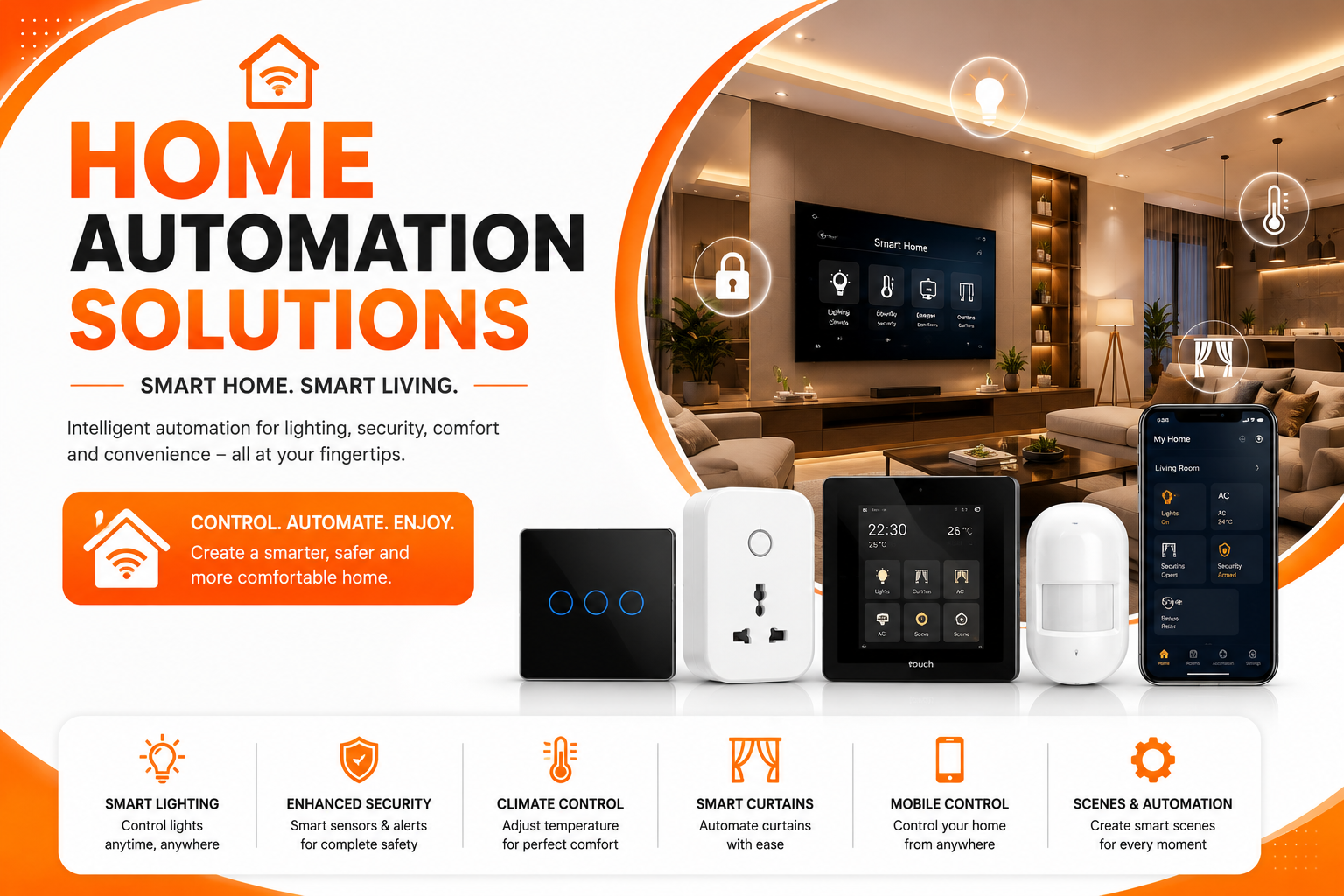 Smart home automation system with touch panel, smart switch, sensor, and mobile app.