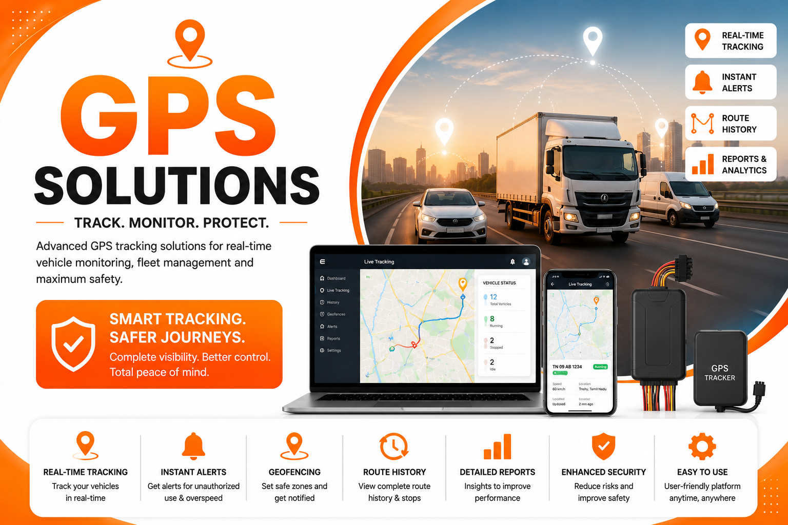 GPS vehicle tracking system with live tracking dashboard and GPS tracker device.